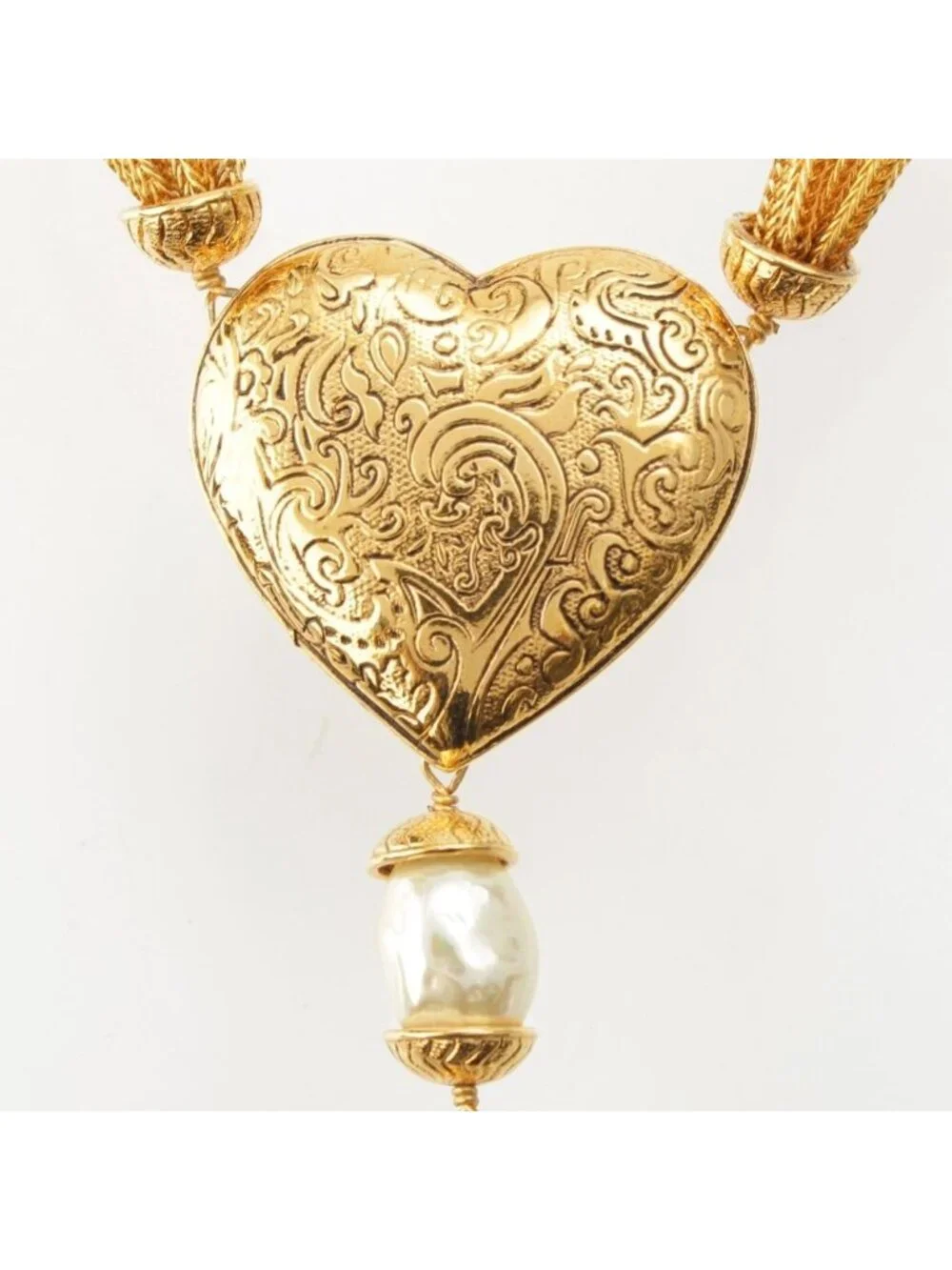 Saint Laurent Vintage Heart Fringe Pearl Necklace Gold